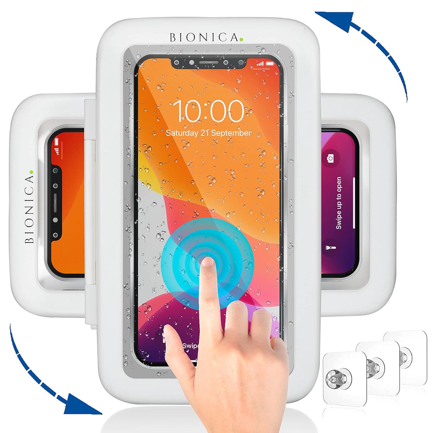 White phone case with Bionica branding, showing a hand interacting with a smartphone screen.