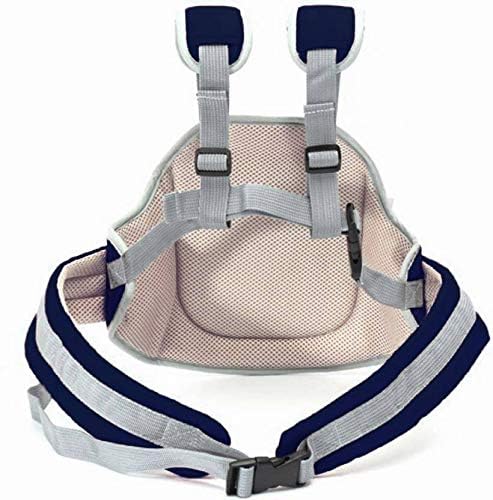 Dog harness with beige padding and blue and gray straps on a white background