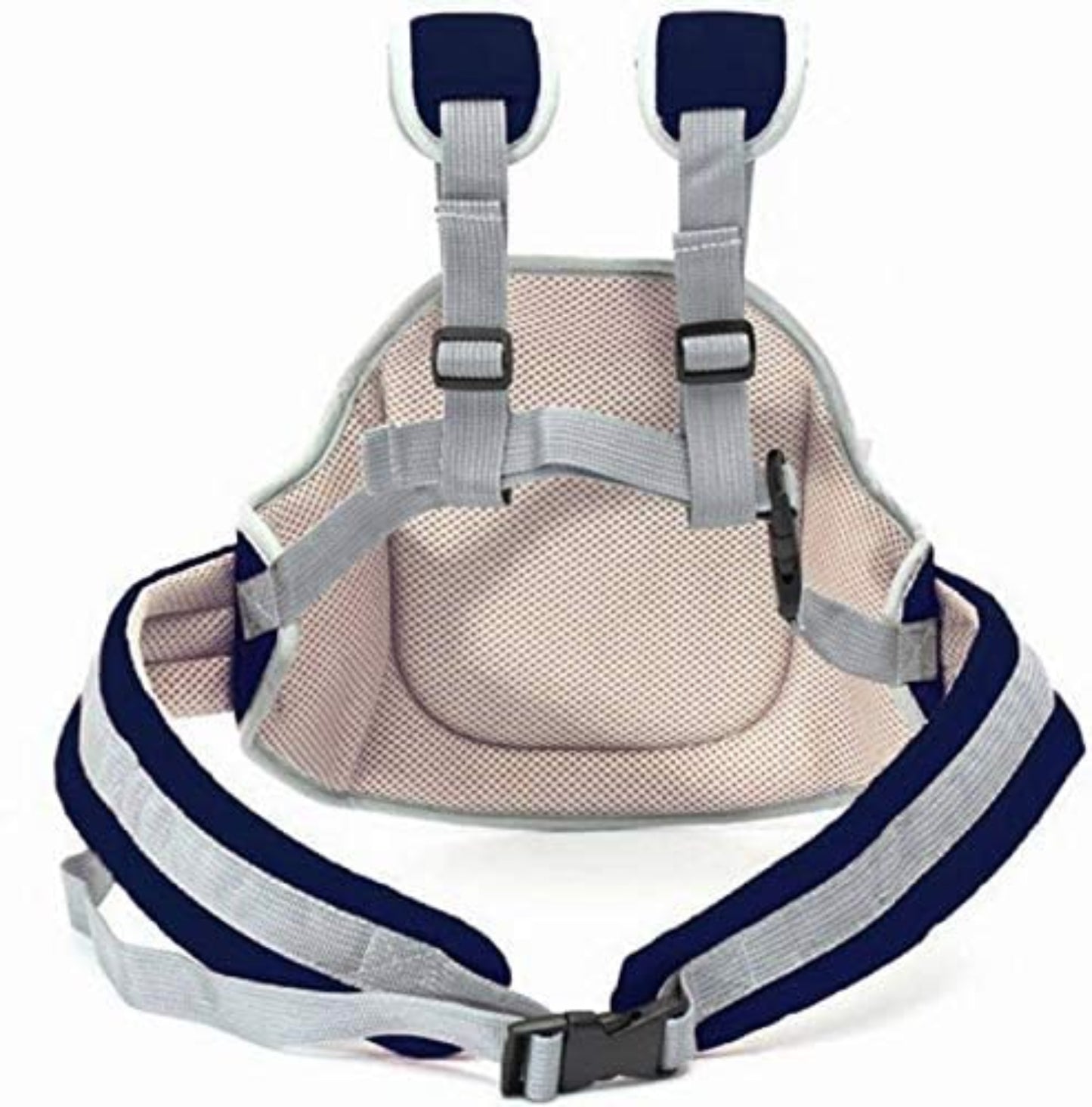 Dog harness with beige padding and blue and gray straps on a white background