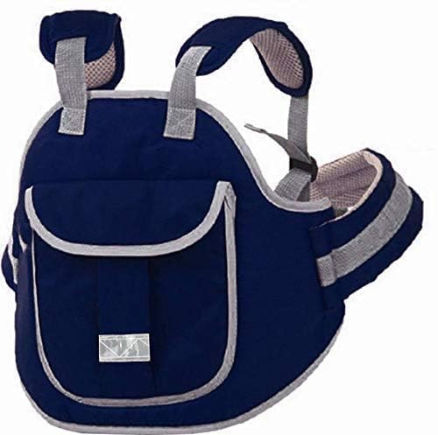 Navy blue pet carrier with gray straps on a white background