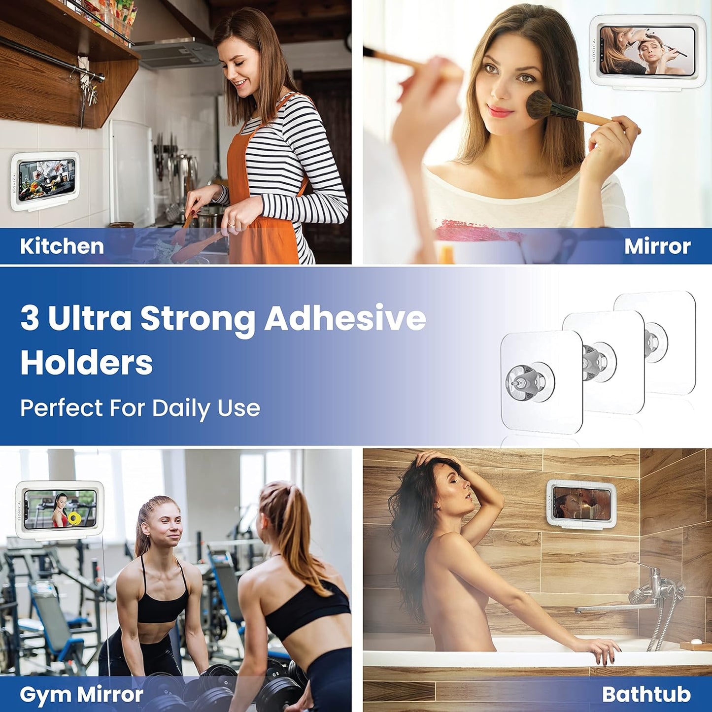 Collage of a woman using a mirror with video call feature in various settings.