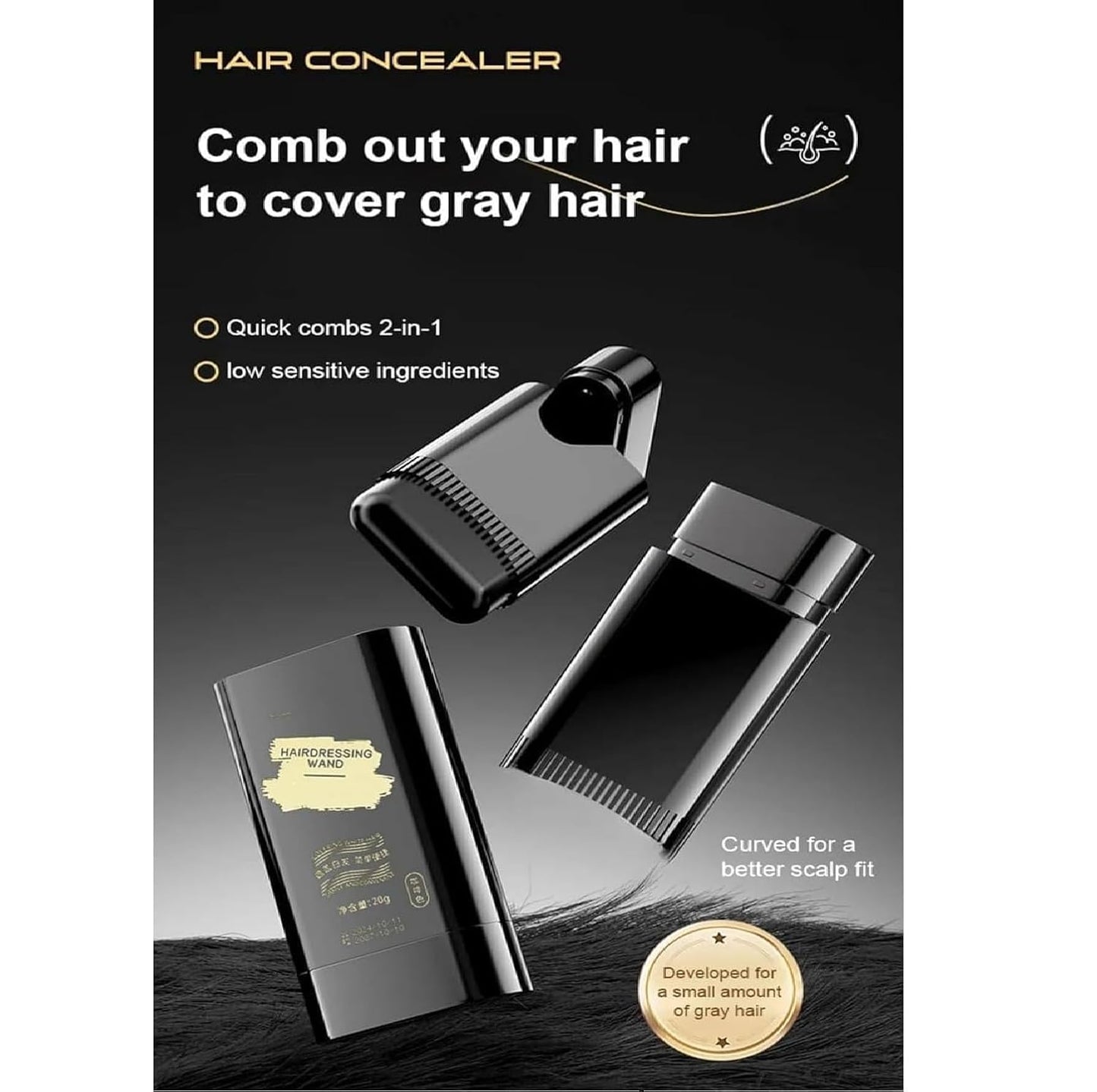 Hair concealer packaging with comb and black background