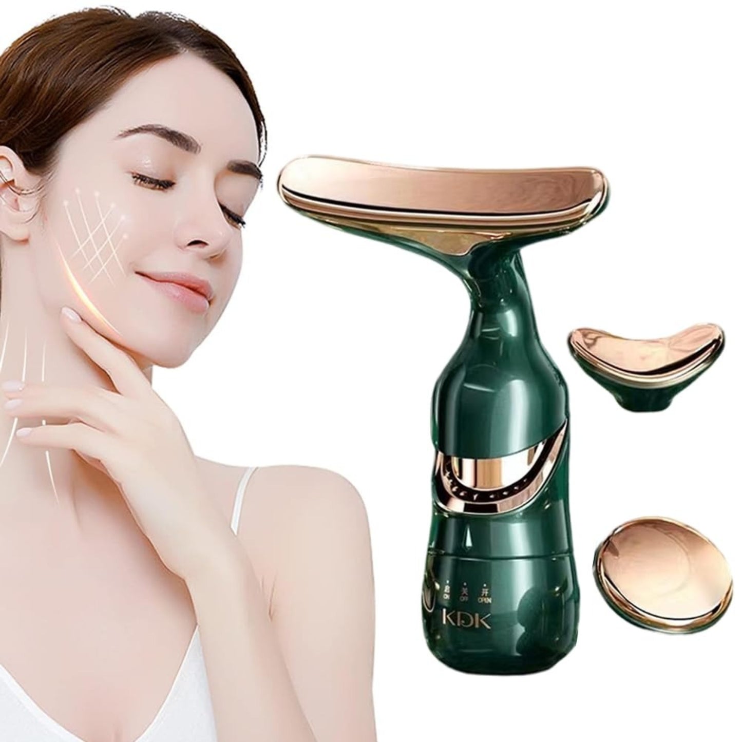 Woman using a green and rose gold KDK facial device on her face.
