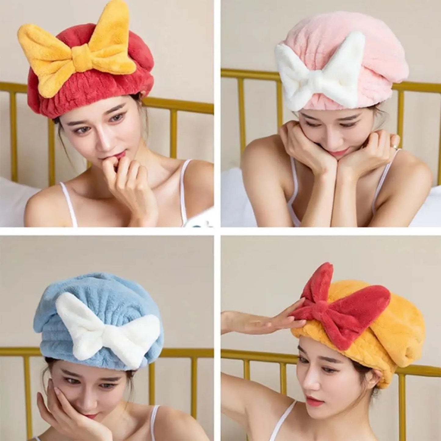Four images of a woman wearing colorful towel hats with bow accents.