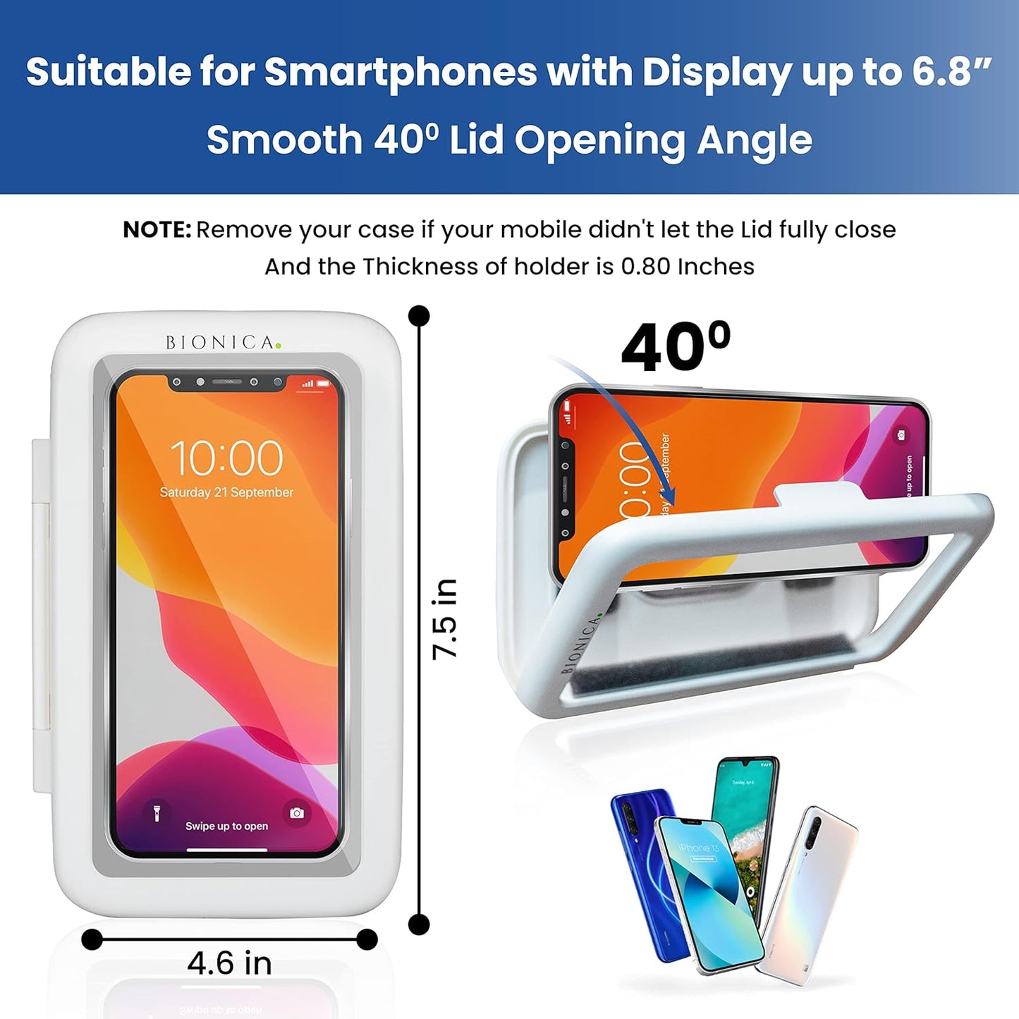 Phone holder with smartphone display showing time and date, dimensions, and compatibility details.