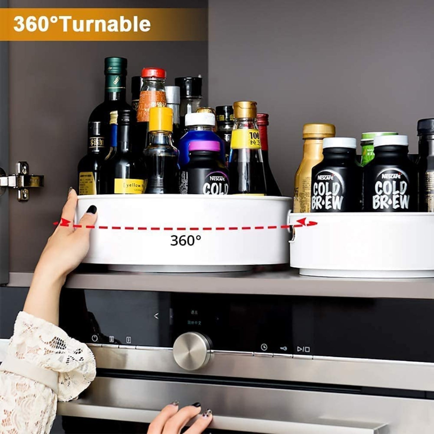 360-degree turnable kitchen storage solution with bottles on a countertop.