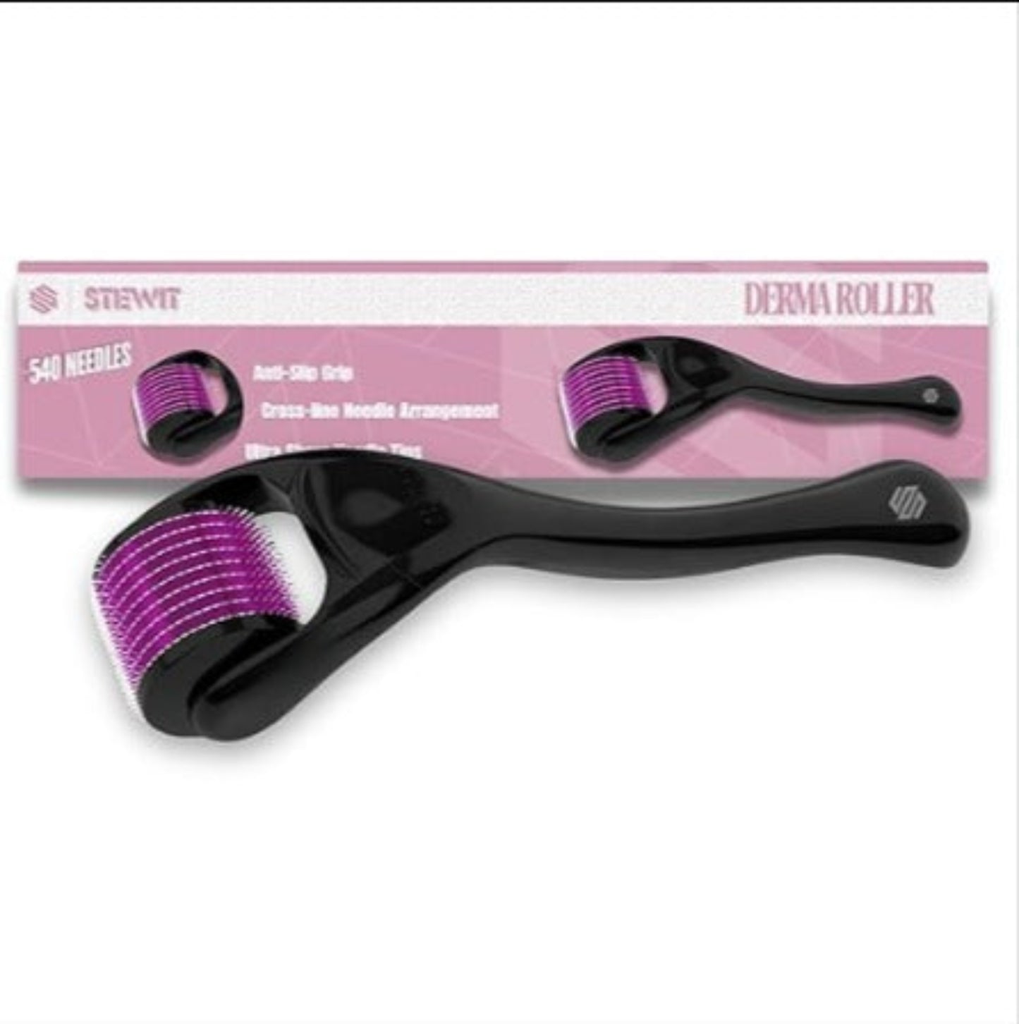 Black derma roller with purple needles on a white background