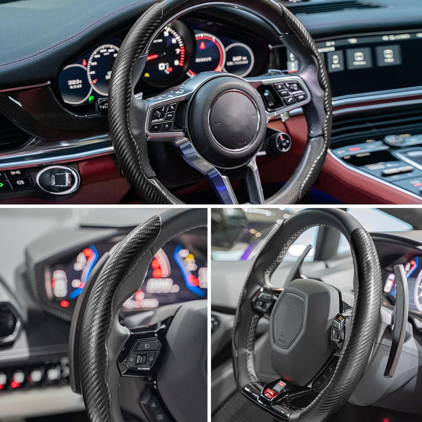 Steering wheel and dashboard of a car with close-up details