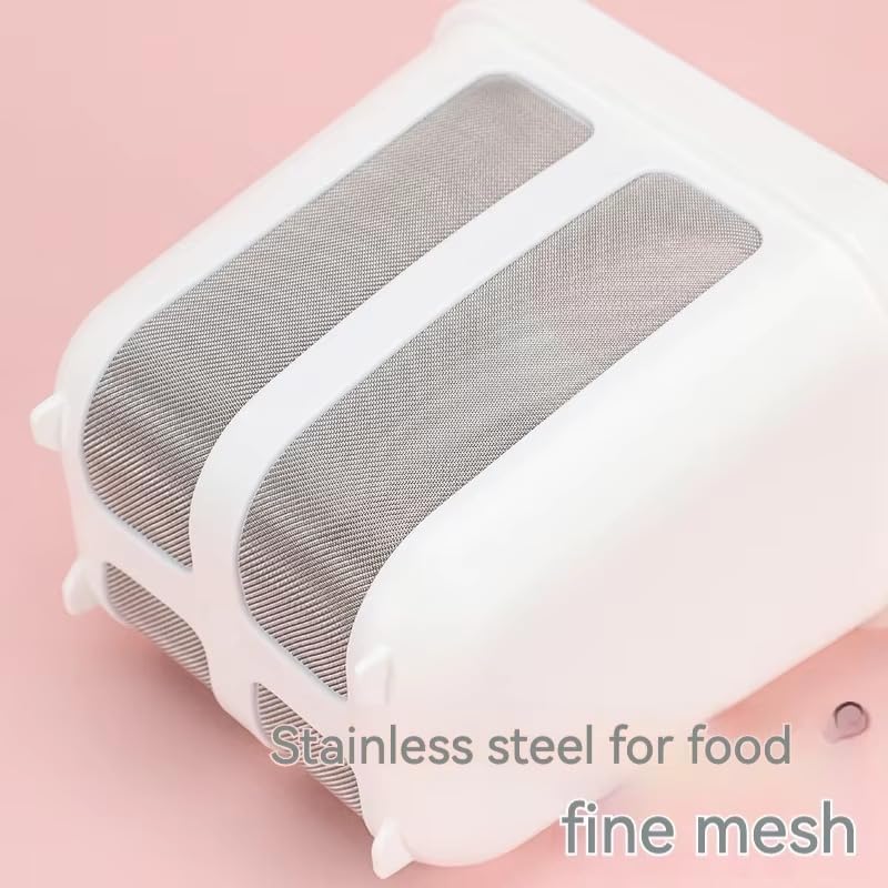 White mesh strainer with stainless steel for food on a pink background