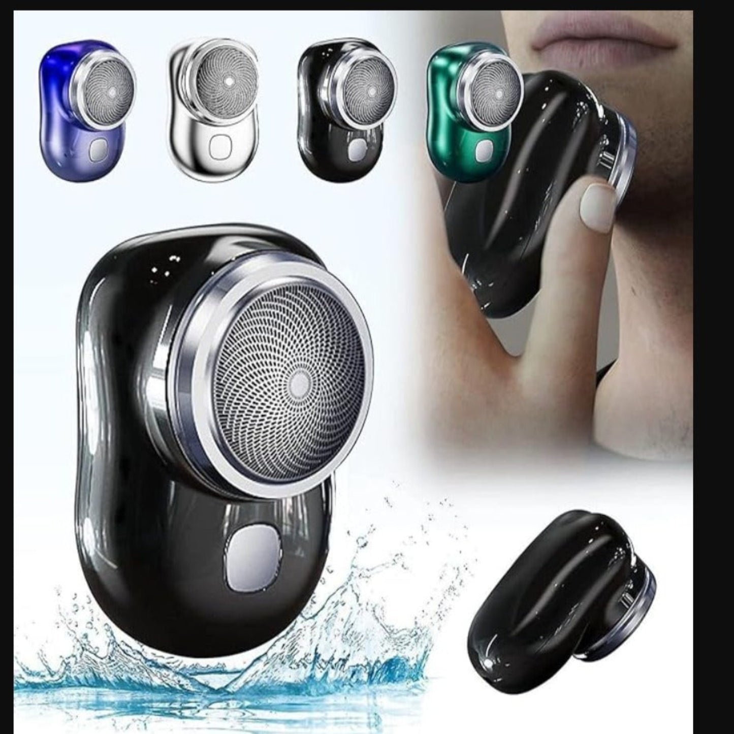 Black electric shaver with water splash graphic, shown in various colors including blue, silver, and green.