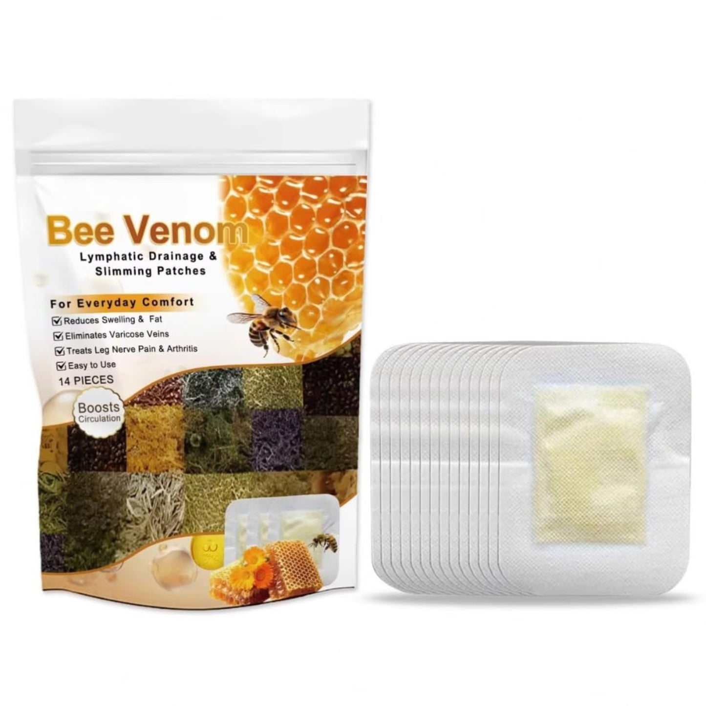 Packaging of Bee Venom lymphatic drainage and slimming patches with a stack of patches on a white grandsellbackground.