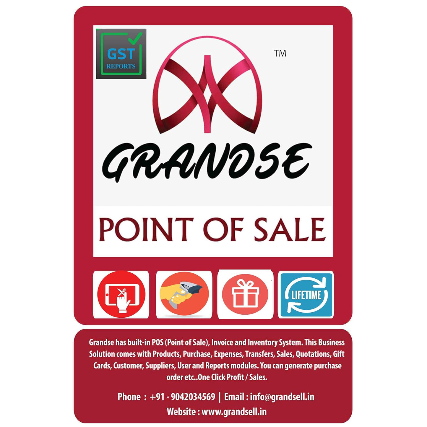 Grandose Point of Sale system packaging with logo and features on a white background