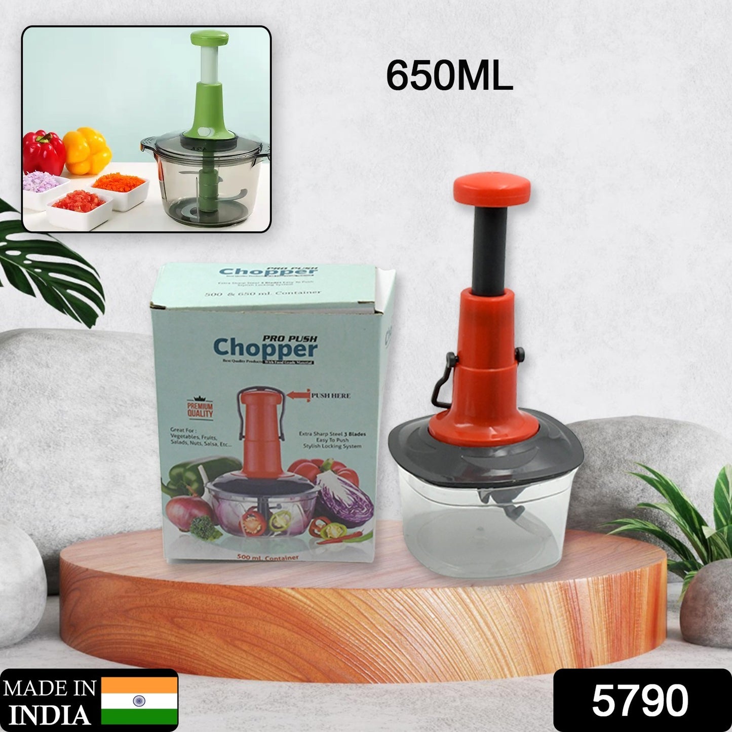 5790 Manual Press Fruit Vegetable Chopper With 3 Stainless Steel Blades Anti-slip Base And Locking System Cutting Chopper For Kitchen (650 Ml)
