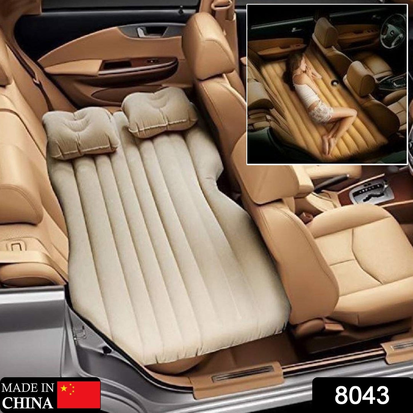 8043 Car Inflatable Bed With 2 Pillows Air Pump (Portable) For Travel Camping Vacation Polyester Inflatable Travel Car Bed Air Sofa With Two Inflatable Pillow And Air Pump For Car Back Seat Air Pump Random Colour