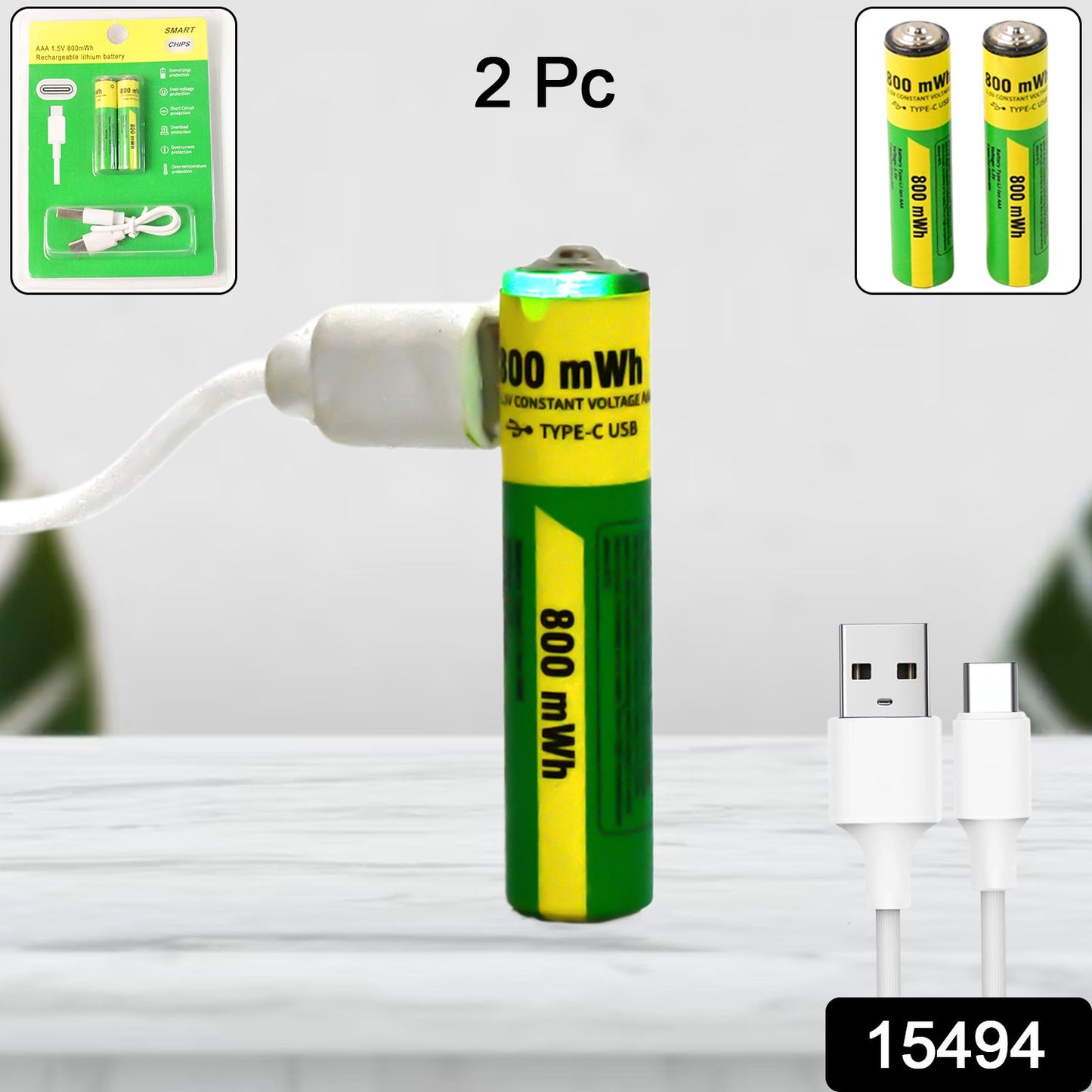 Aaa Rechargeable 800 Mwh Batteries With Recharging Cable (2 Pc Set) - Grandsell