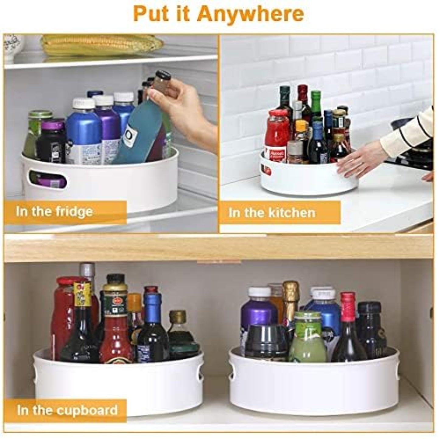 White cylindrical organizer with bottles in various locations like fridge, kitchen, and cupboard.