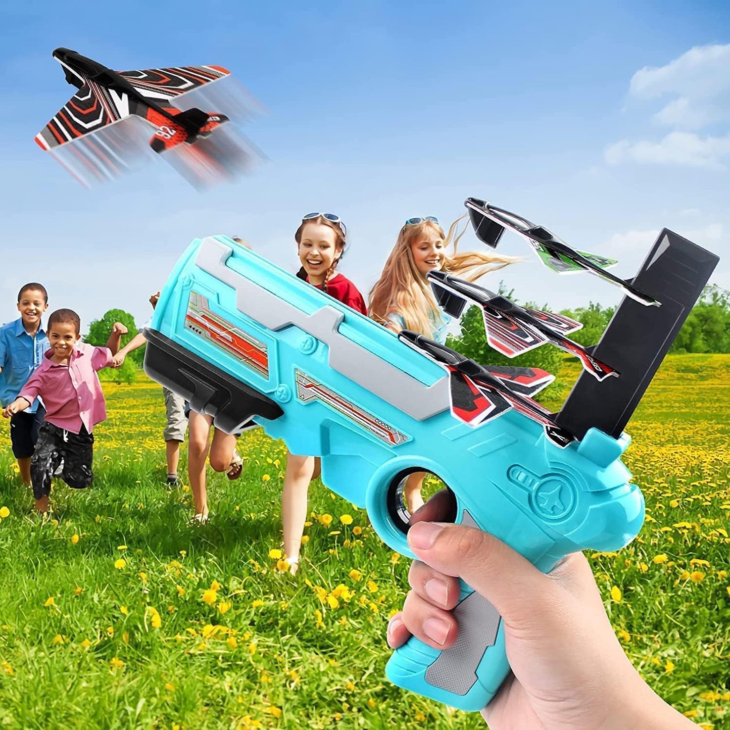 Airplane Launcher Gun Toy With Foam Glider Planes Outdoor Games For Children Best Aeroplane Toys For Kids Air Battle Gun Toys ( 5 Plane Include ) - Grandsell