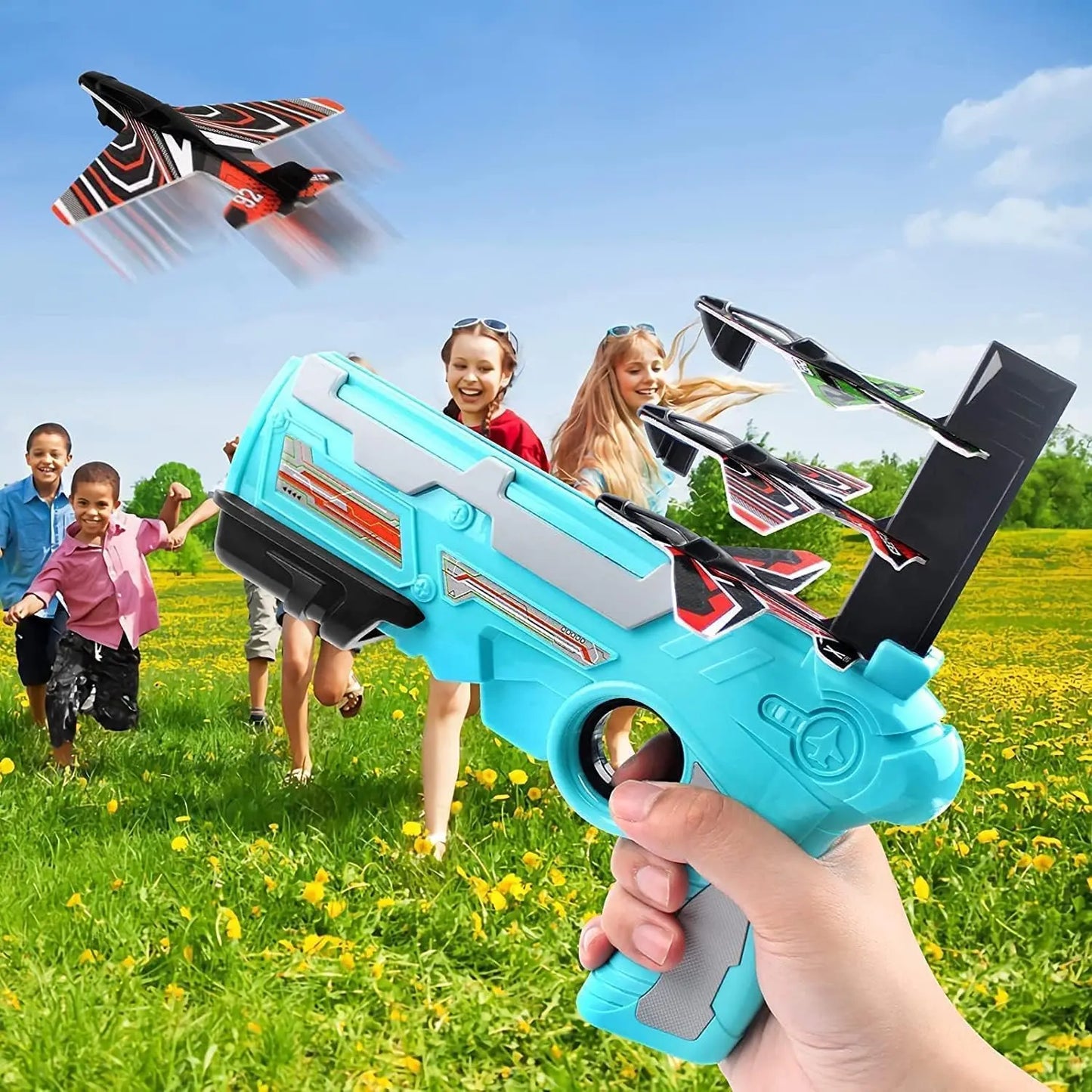 Airplane Launcher Gun Toy With Foam Glider Planes Outdoor Games For Children Best Aeroplane Toys For Kids Air Battle Gun Toys ( 5 Plane Include ) - Grandsell