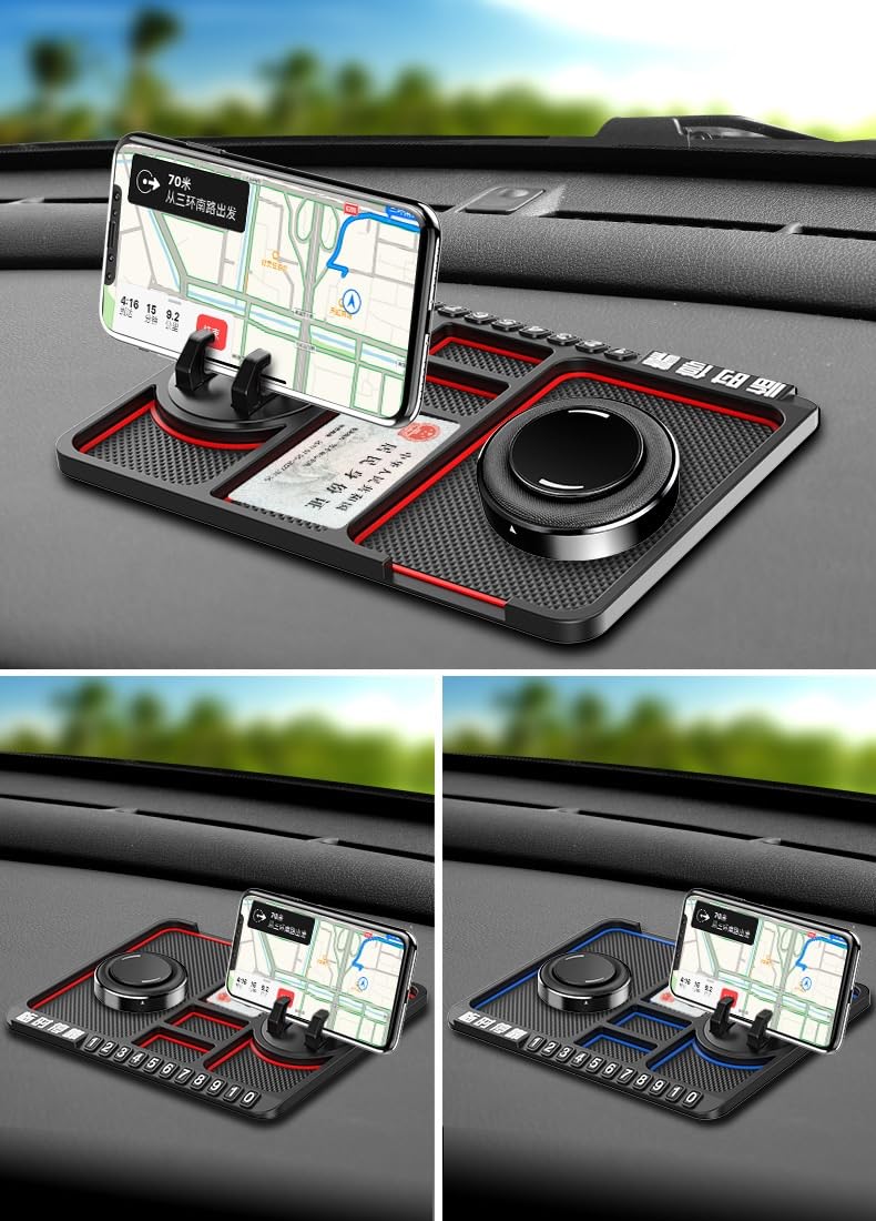Car dashboard organizer with phone holder, cup holder, and air vent cover.