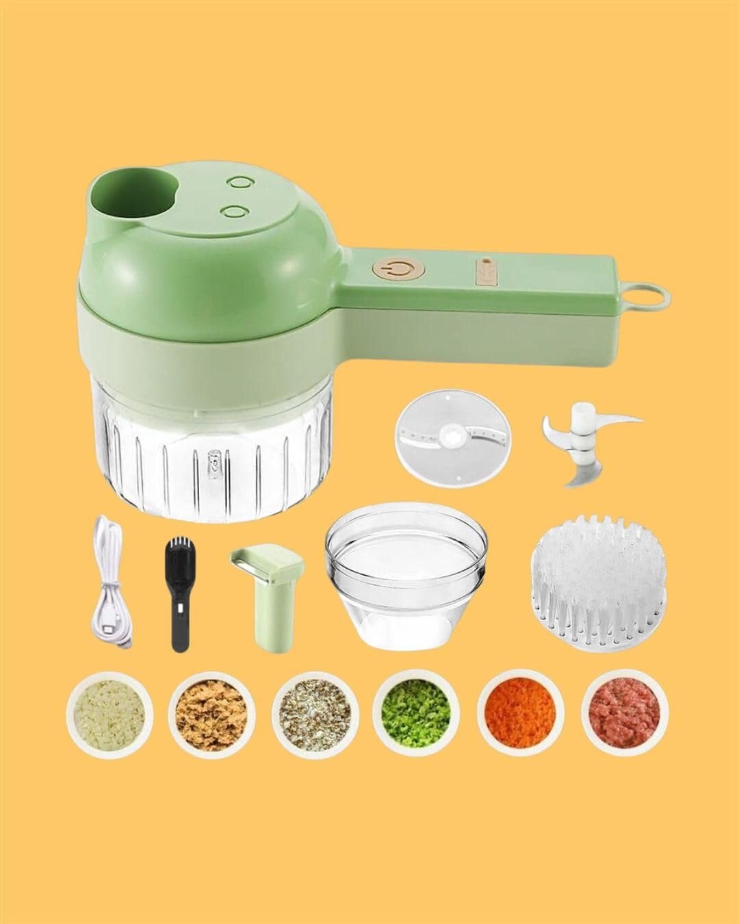 Green kitchen chopper with attachments on a yellow background