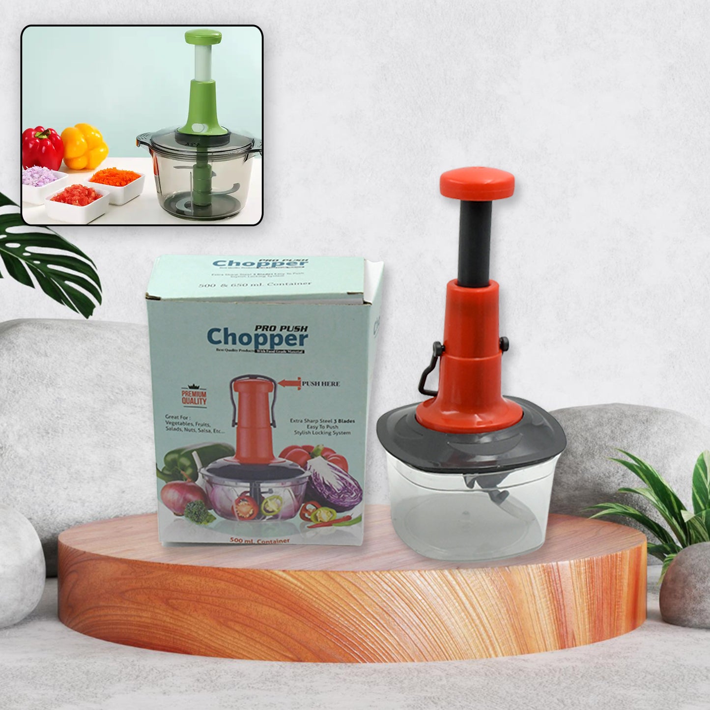 Manual Press Fruit Vegetable Chopper With 3 Stainless Steel Blades Anti-slip Base And Locking System Cutting Chopper For Kitchen (650 Ml)
