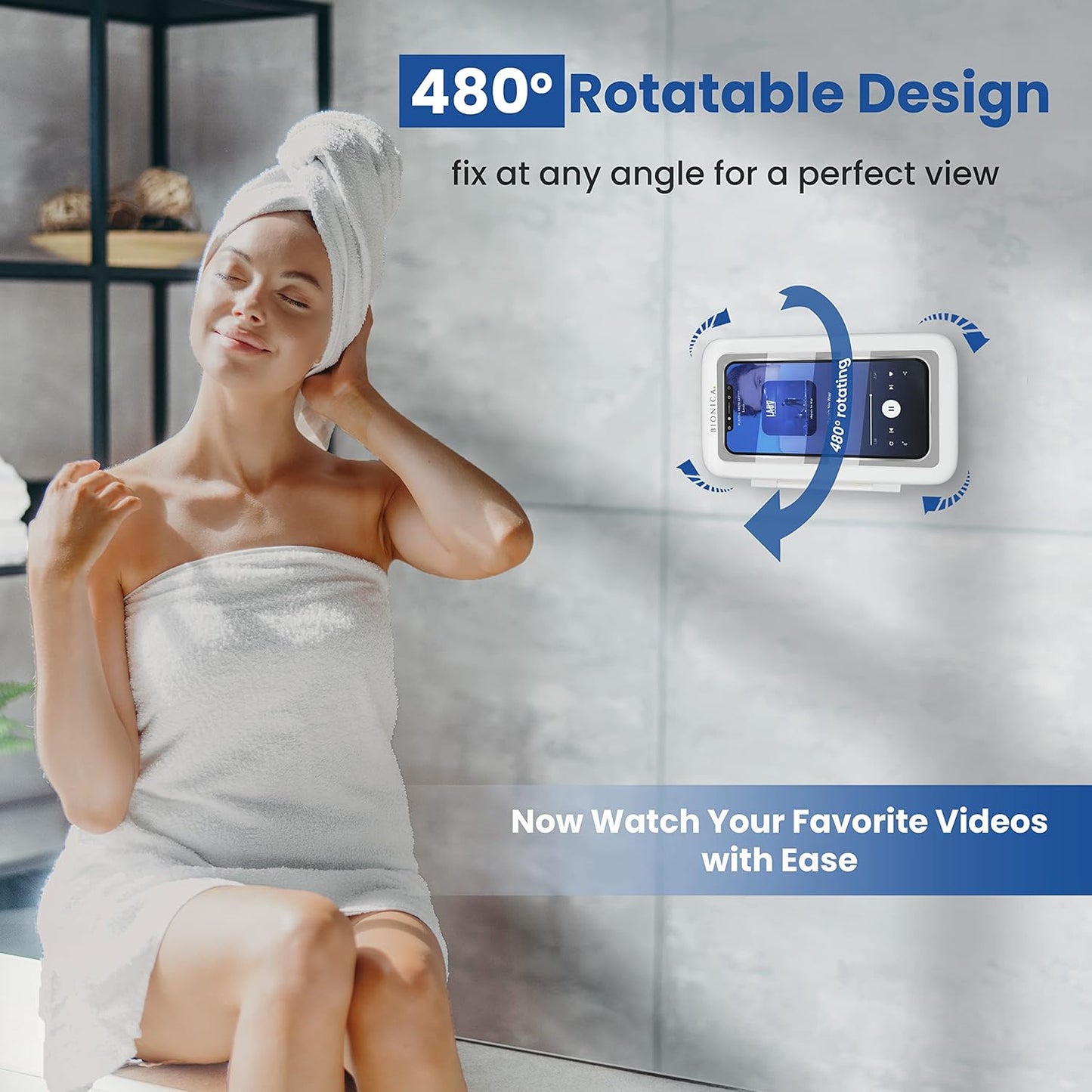 Woman with towel on head applying lotion in bathroom, with product feature highlighted.