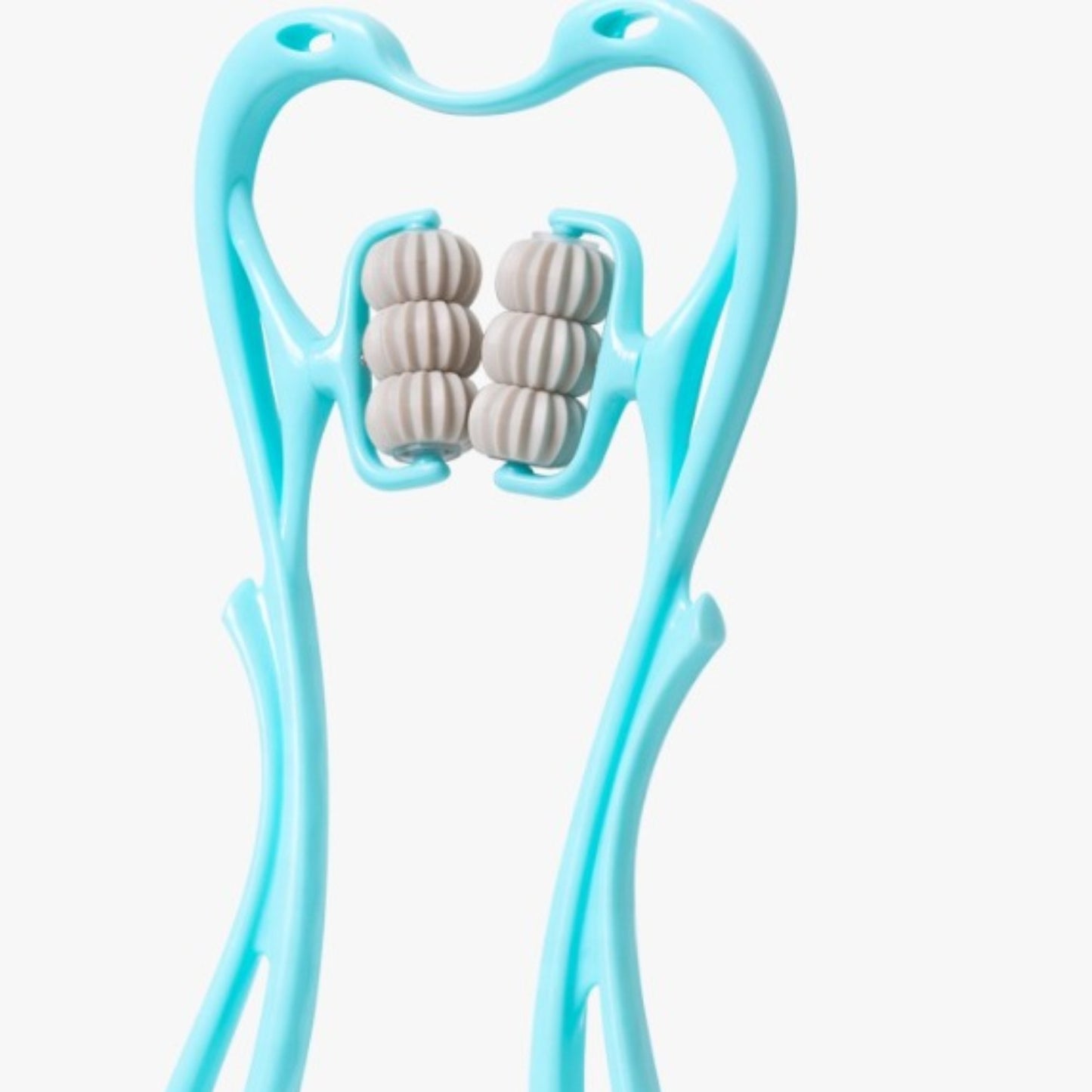 Blue dental floss holder with gray floss on a white background