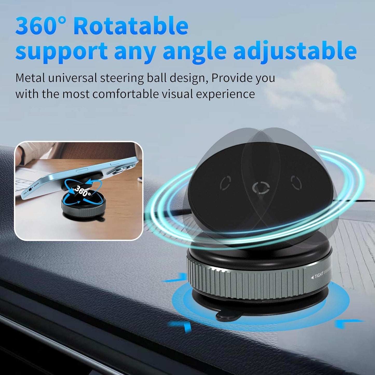 360-degree rotatable support for a phone on a car dashboard with text highlighting its features.