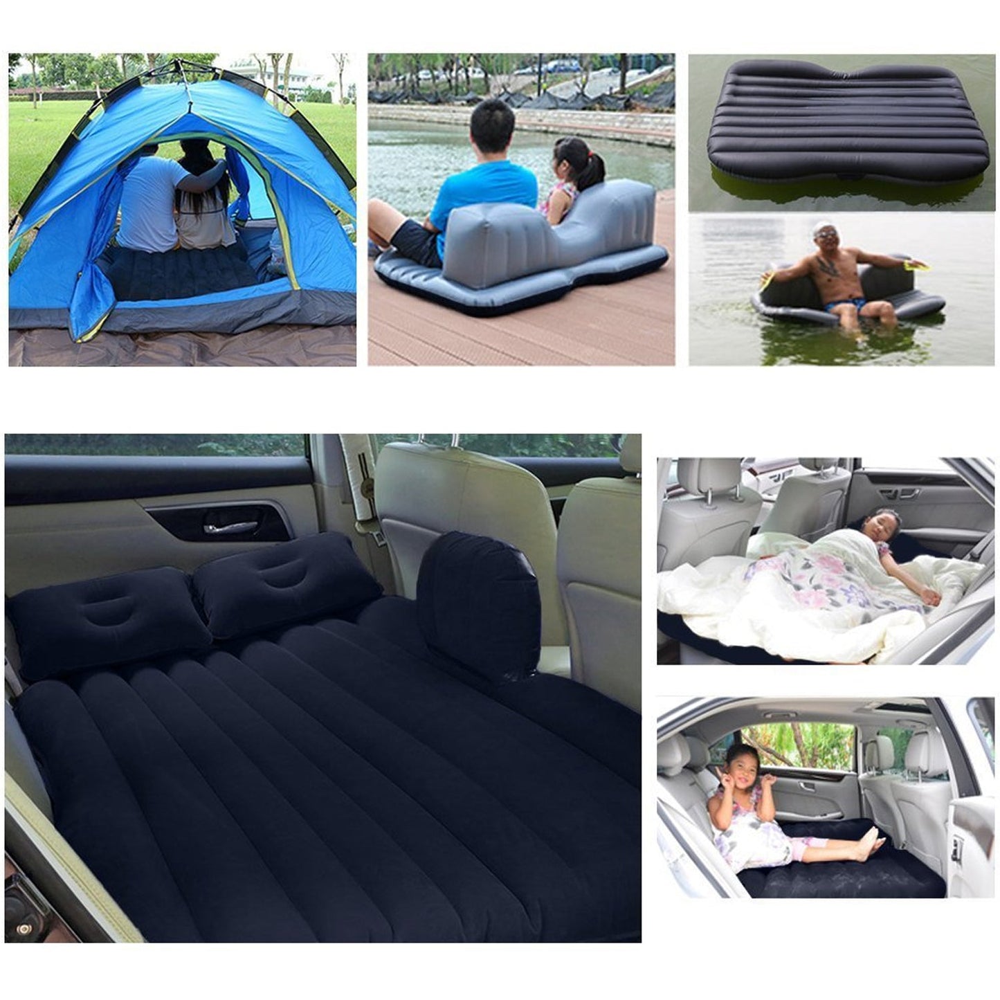 Car Inflatable Bed With 2 Pillows Air Pump (Portable) For Travel Camping Vacation Polyester Inflatable Travel Car Bed Air Sofa With Two Inflatable Pillow And Air Pump For Car Back Seat Air Pump Random Colour - Grandsell