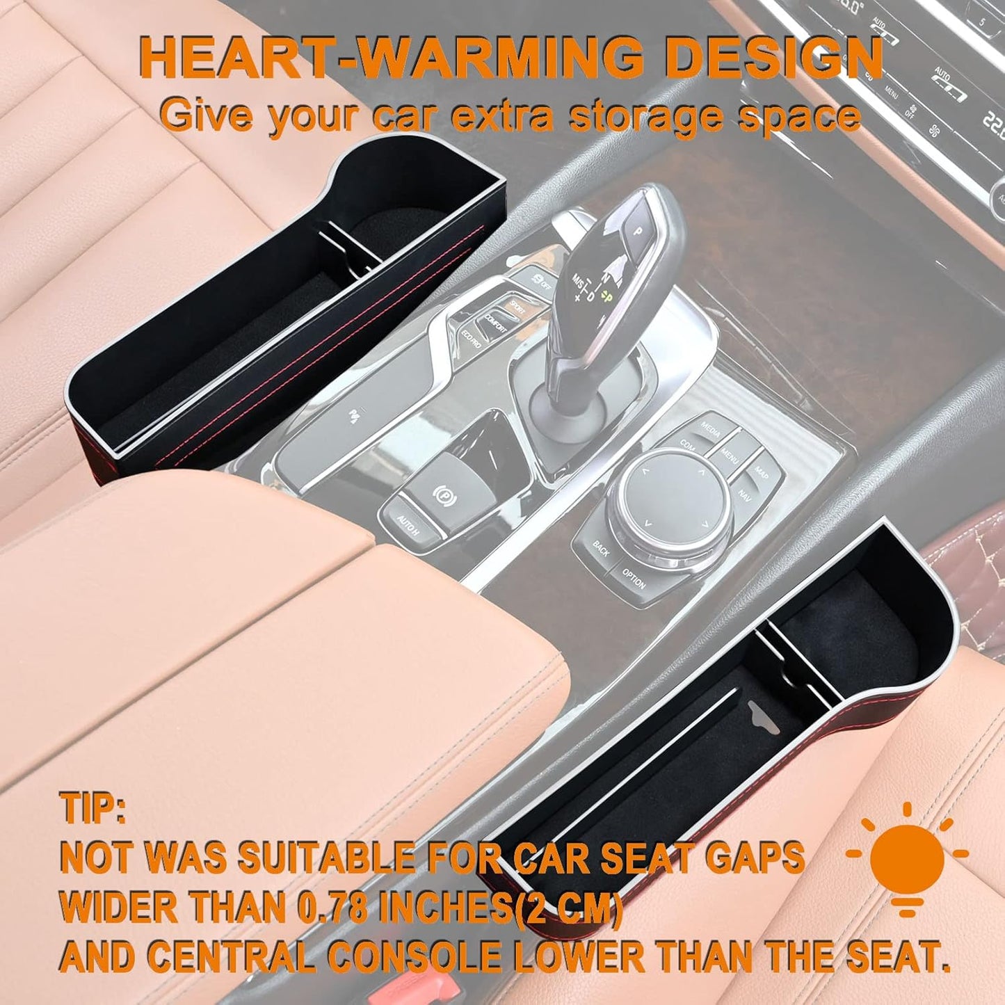 Car storage tray with text on heart-warming design and usage tips.