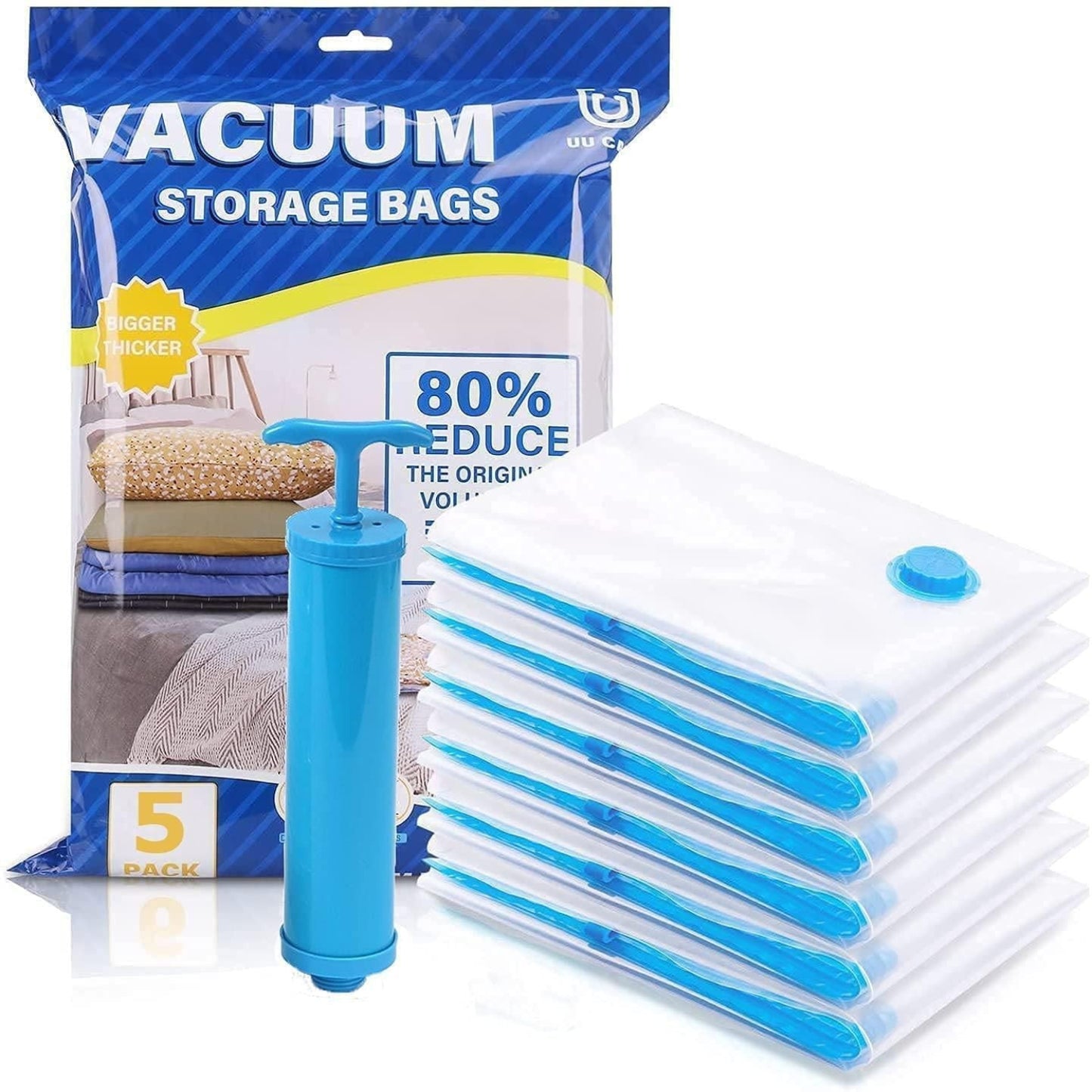 Vacuum storage bags with pump and packaging on a white background-grandsell
