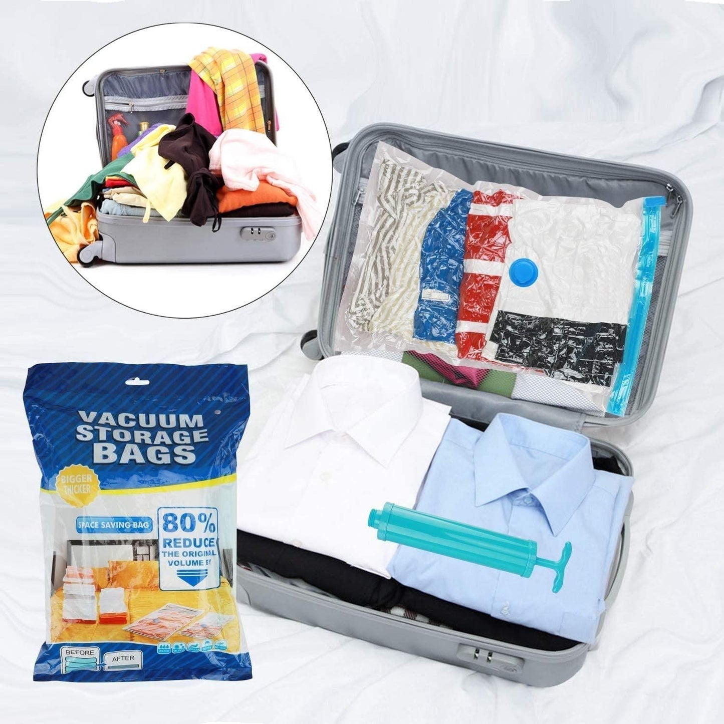 Vacuum storage bags with a packed suitcase and clothes, on a light background grandsell