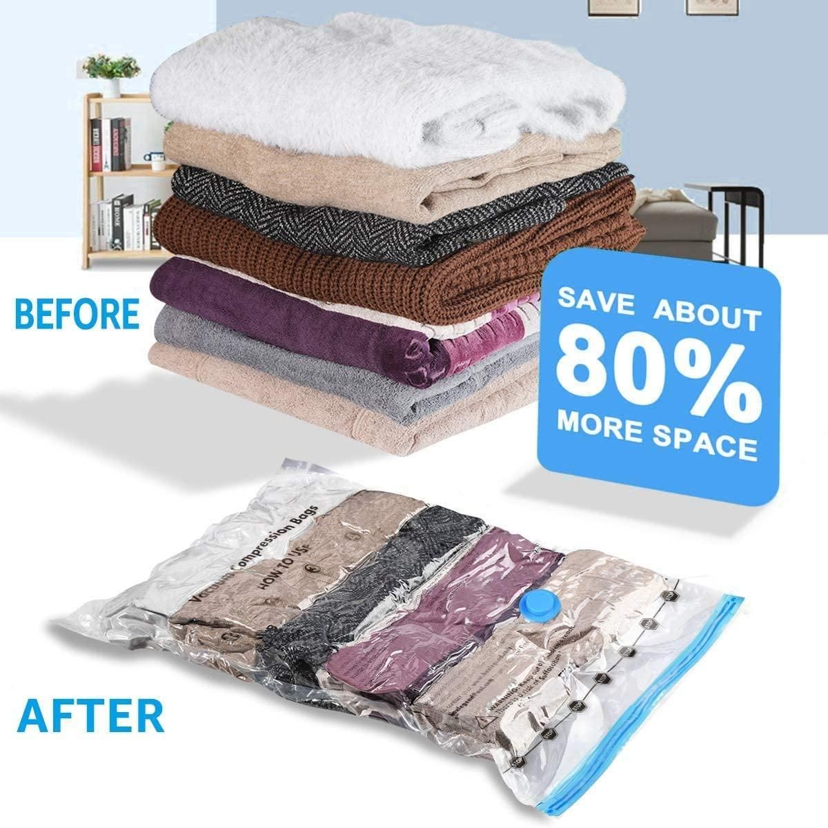 Stack of folded clothes before and after being compressed in a vacuum bag with text indicating space saving.grandsell