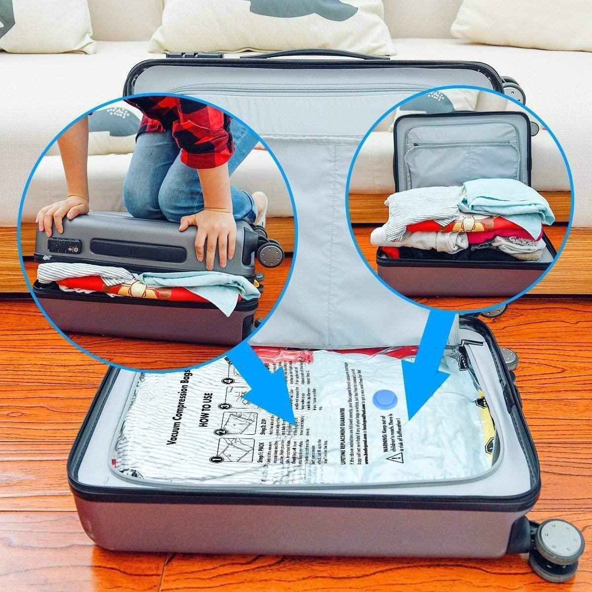 Suitcase being packed with clothes and a person sitting on it, showing the interior space.grandsell