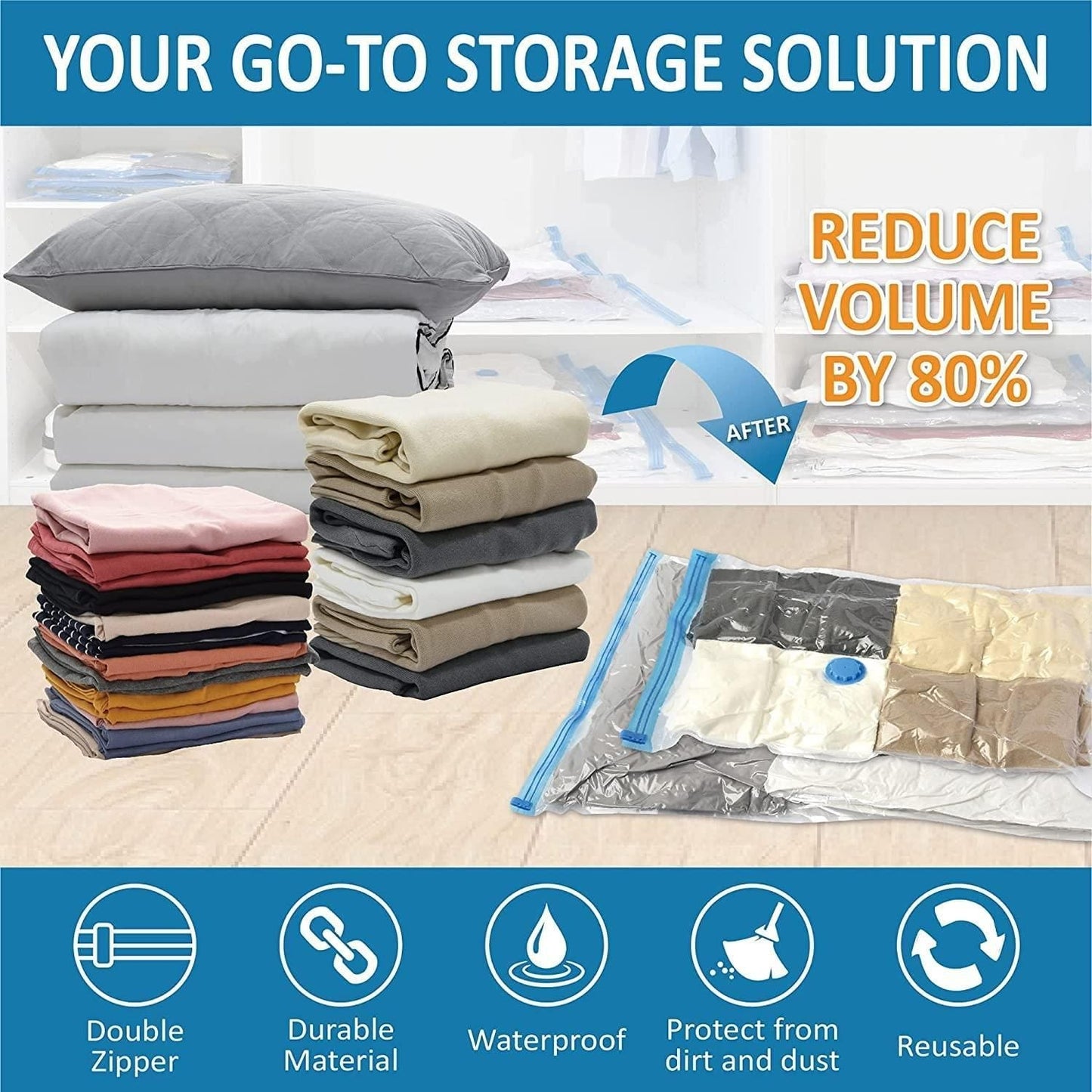 Stack of folded clothes with vacuum bags and text about storage solution and volume reduction.grandsell