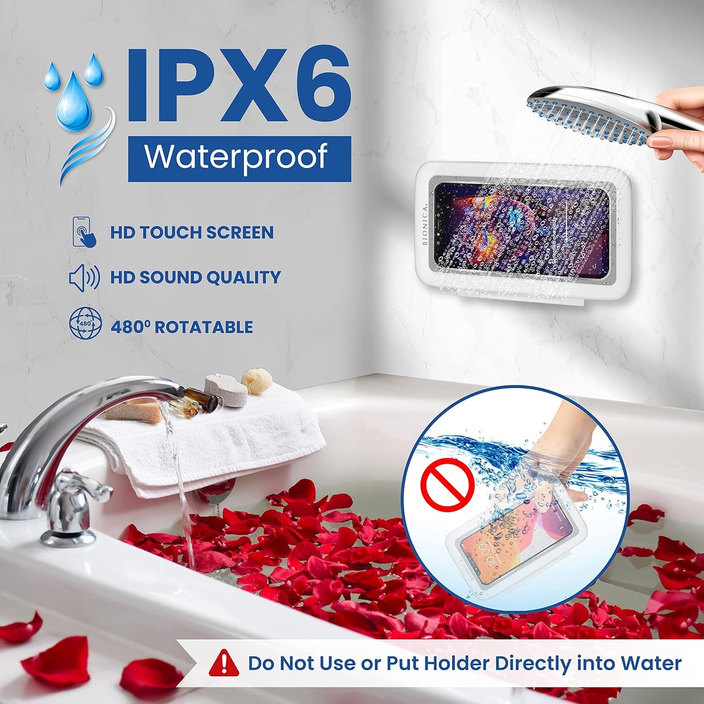 Product with IPX6 waterproof rating in a bathroom setting with water droplets and red petals.