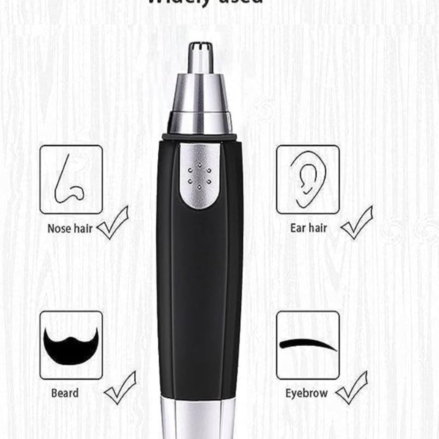 Black and silver nose hair trimmer with illustrations of its uses on a light background