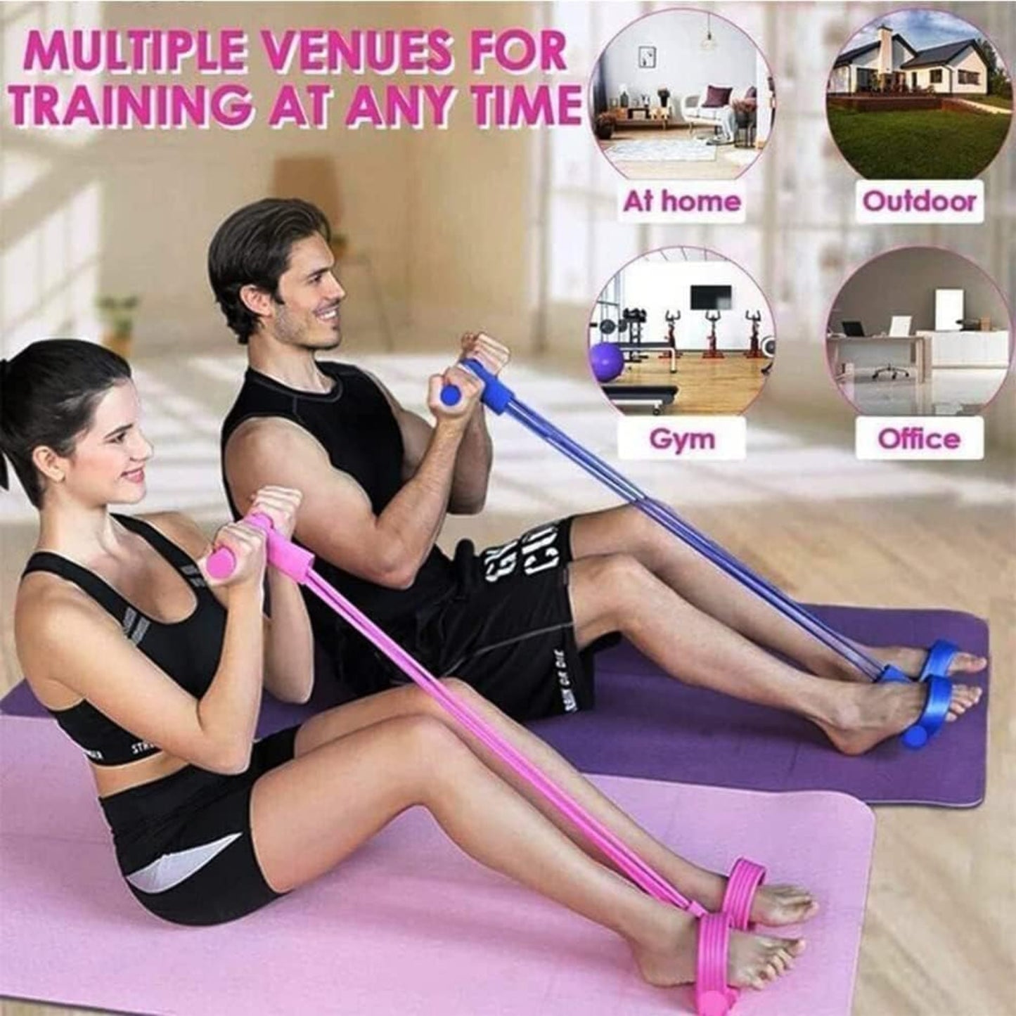 Elastic Pull Rope 6‑Tube Sit‑Up Strength Trainer with Foot Pedal | Home Fitness - Grandsell