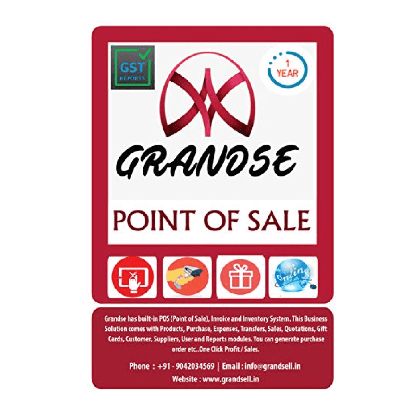 GRANDSE Point Of Sale Billing Software Single User 1 year Subscription - Grandsell