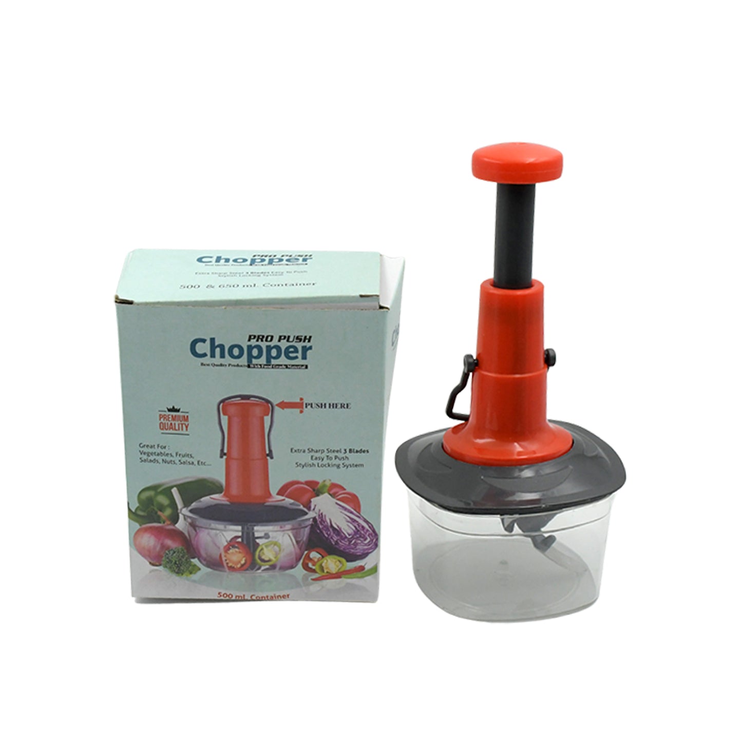 5790 Manual Press Fruit Vegetable Chopper With 3 Stainless Steel Blades Anti-slip Base And Locking System Cutting Chopper For Kitchen (650 Ml)