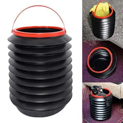 Collapsible black container with red rim and handle, shown in various stages of use.