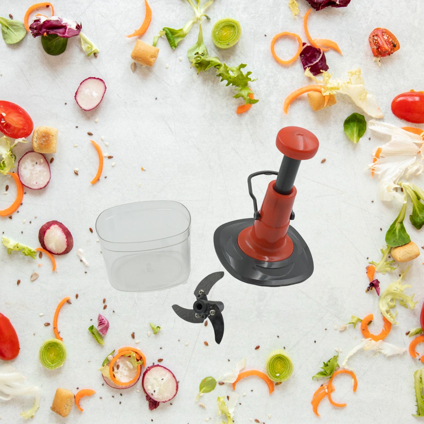 5790 Manual Press Fruit Vegetable Chopper With 3 Stainless Steel Blades Anti-slip Base And Locking System Cutting Chopper For Kitchen (650 Ml)