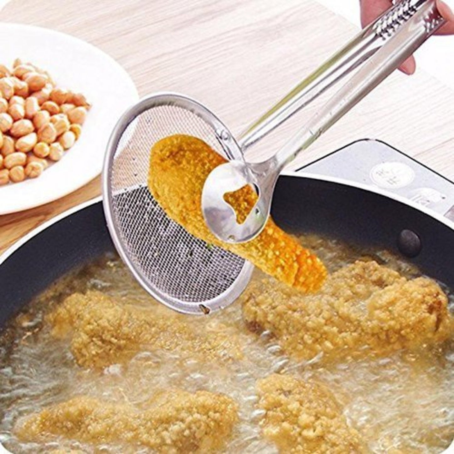 Multi - Functional 2 - in - 1 Fry Tool Filter Spoon Strainer with Clip – Stainless Steel Oil Drainer & Frying Tong - Grandsell