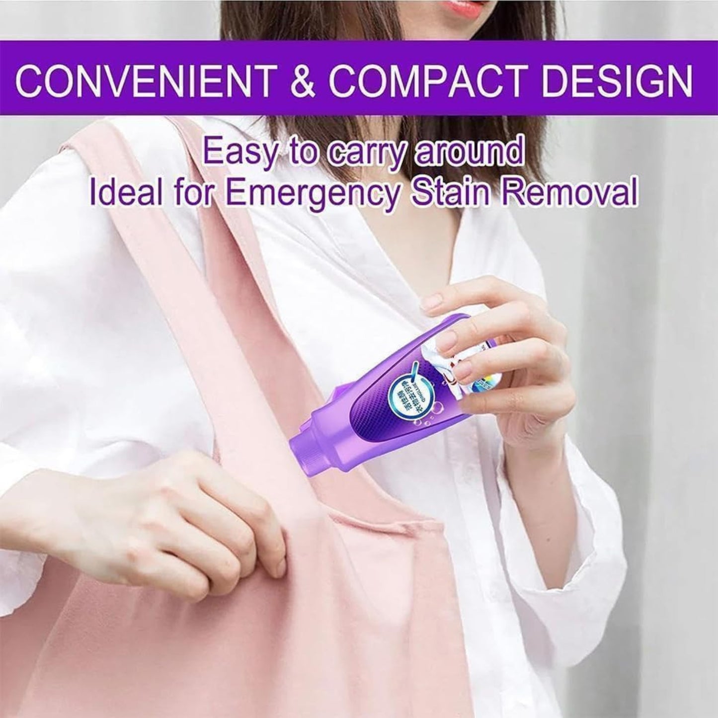 Person holding a purple bottle with text about its convenience and compact design for emergency stain removal. grandsell