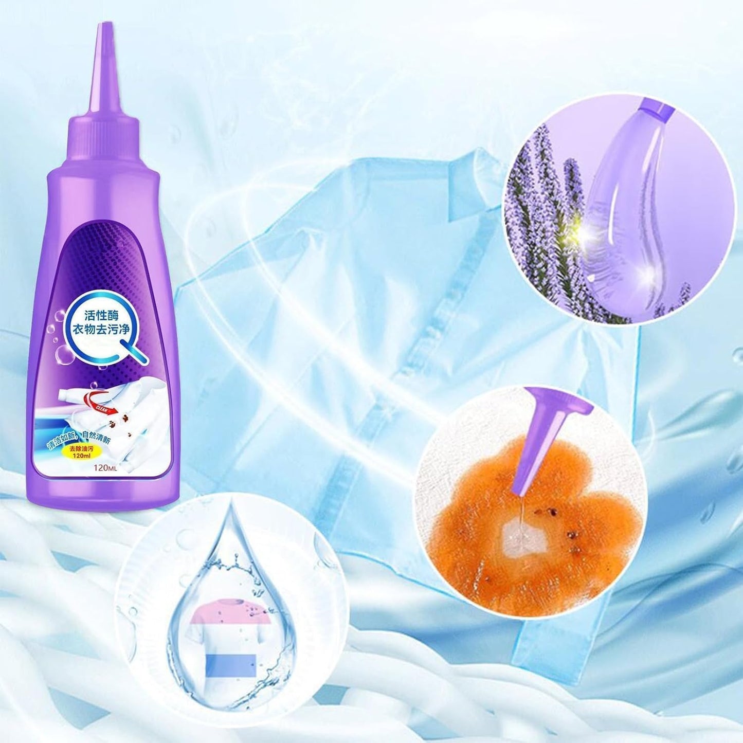 Purple bottle of laundry detergent with cleaning process illustration on a blue background - grandsell