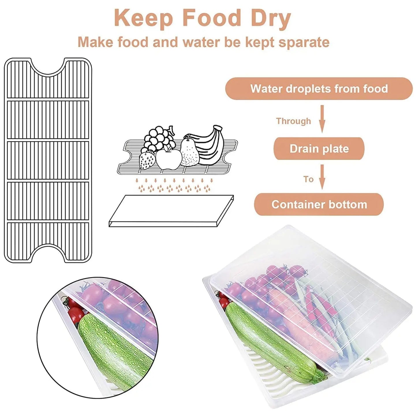 Plastic Food Storage Containers With Removable Drain Tray And Lid (3 Pcs Set) - Grandsell