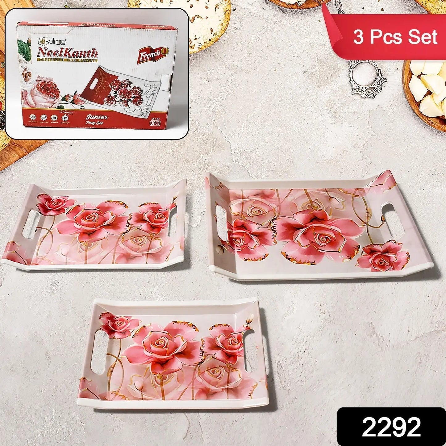 Plastic Rectangular Shape Flower Printed Design Serving Tray 3 Pcs - Grandsell