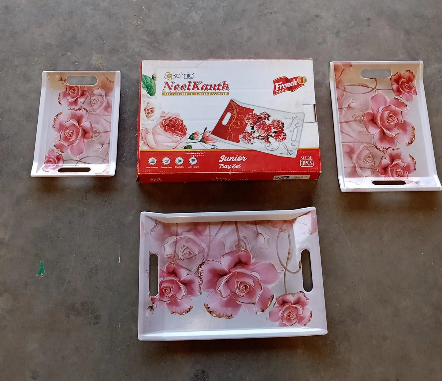 Plastic Rectangular Shape Flower Printed Design Serving Tray 3 Pcs - Grandsell