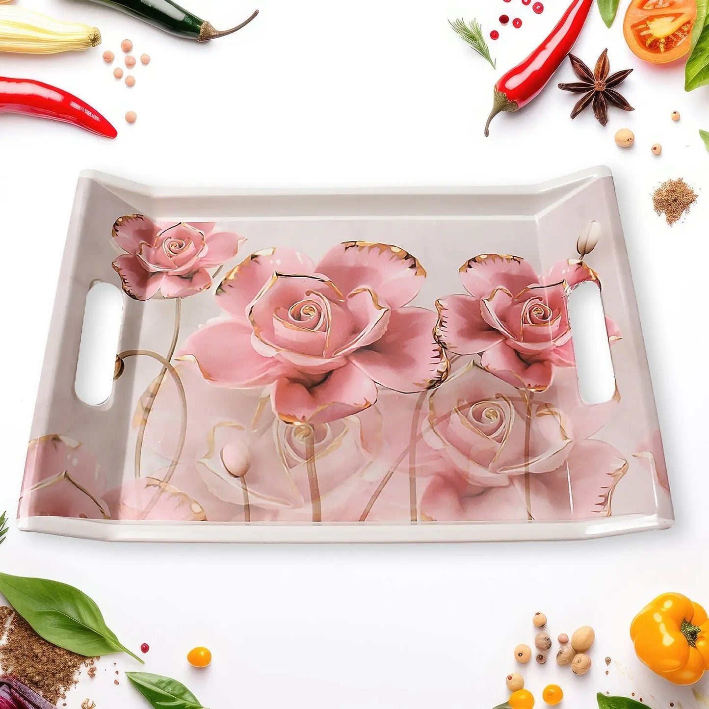 Plastic Rectangular Shape Flower Printed Design Serving Tray 3 Pcs - Grandsell