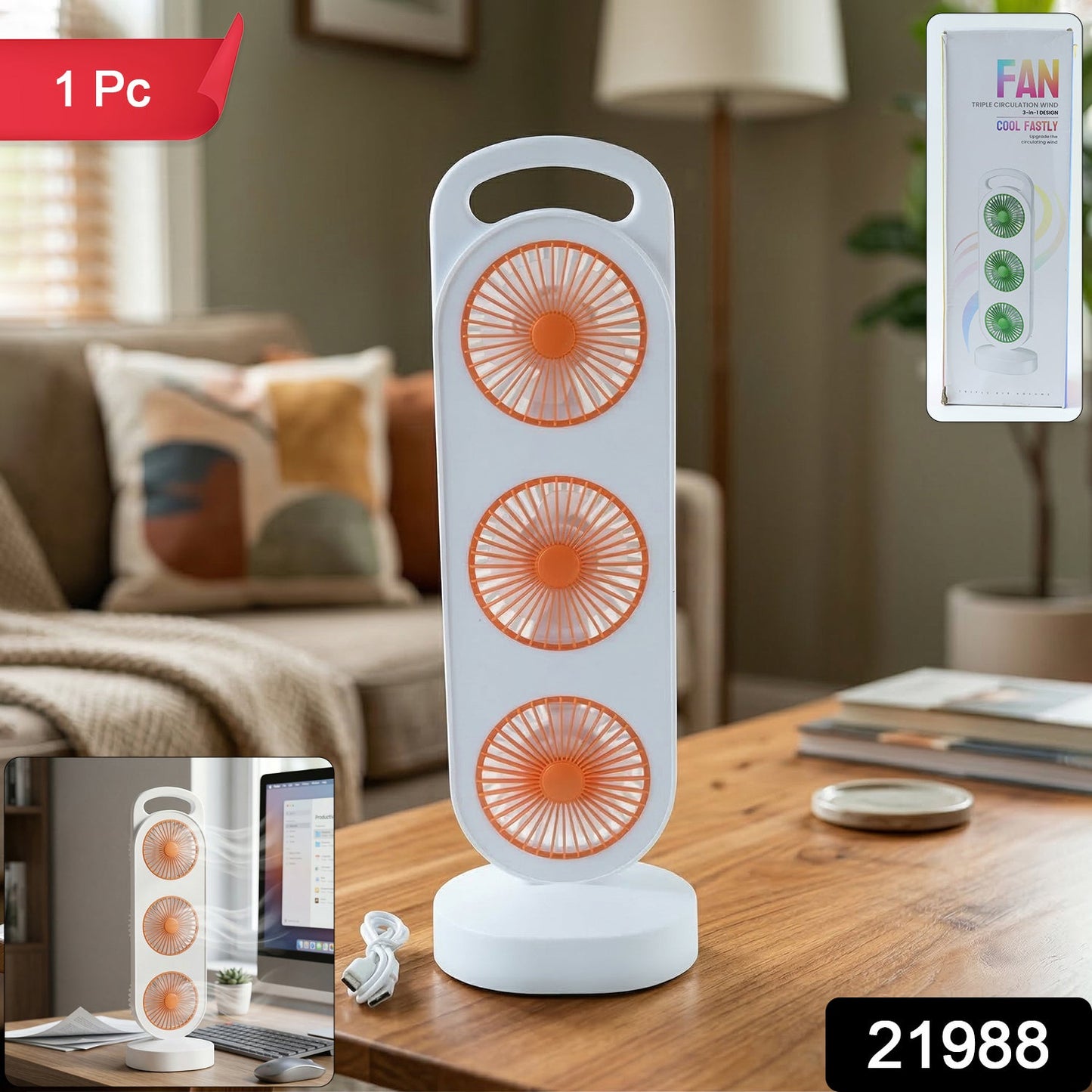 Portable 3 In 1 Design Triple Head Table Fan (1 Pc) - Grandsell